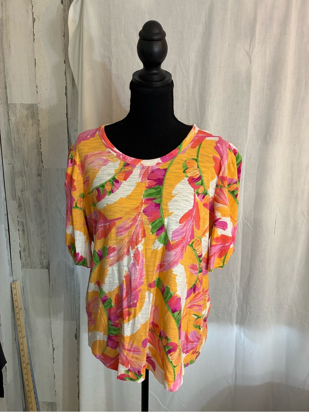 Chico's Yellow Pink Tropical Short Sleeve Tee